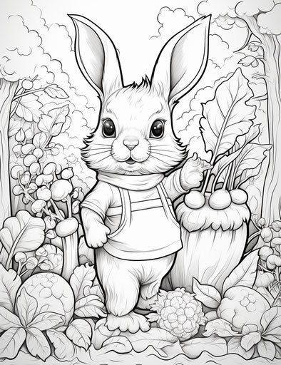 A cartoon rabbit holds a carrot in a forest coloring page