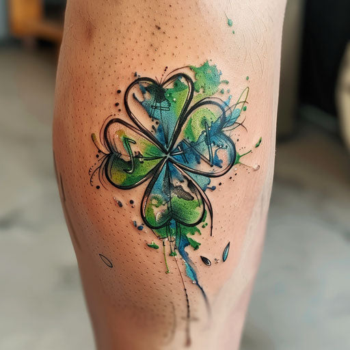 Contemporary flat tattoo sketch of 4 leaf clover with abstract elements and splashes of blue and green