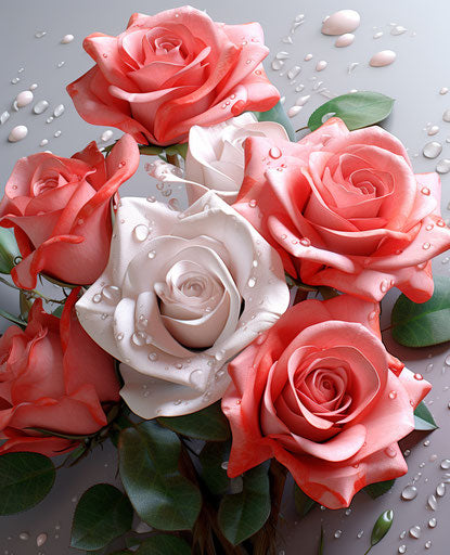 A bouquet of six roses and other flowers in photo-realistic hyperbole style