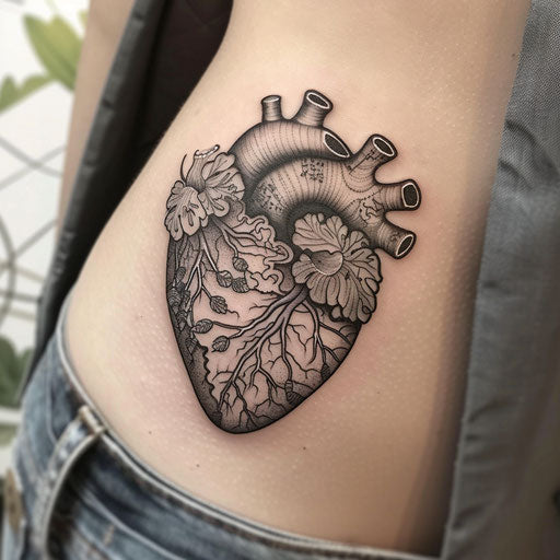 Anatomical heart tattoo with lace pattern overlay, delicate and intricate, on white background.