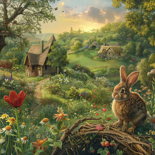 Panoramic view of the rabbit's habitat, from burrow to meadow