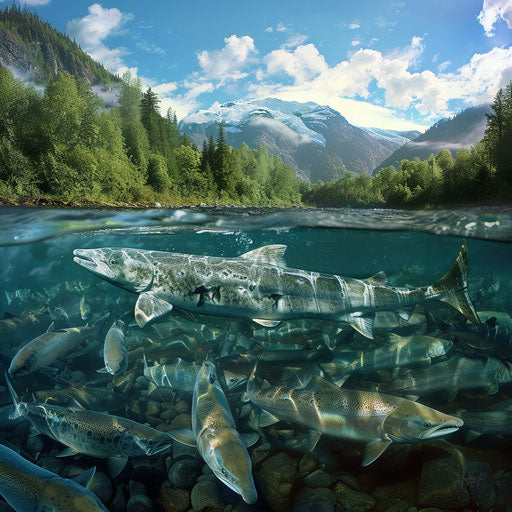 White sturgeon and school of salmon swimming in a river