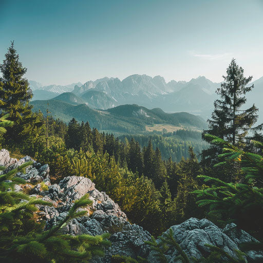 Green forest on rocky mountain with alps in background, blue sky