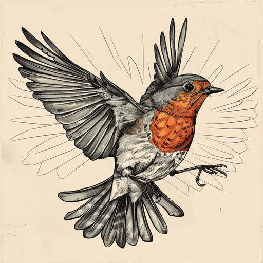 Flat tattoo sketch of a robin with wings spread wide in a majestic pose
