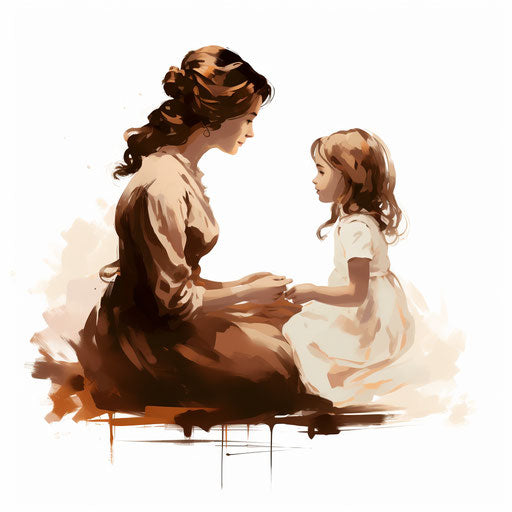 Mother and daughter illustration in the style of Chiaroscuro Art, on white background