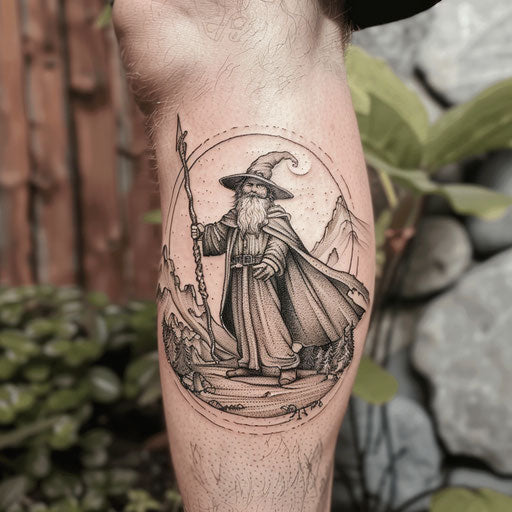 Outline tattoo of a wizard, in the style of Peter Jackson