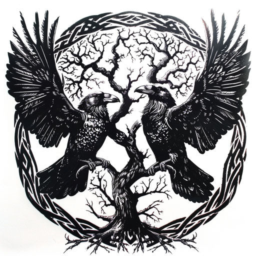 Detailed Nordic tattoo in black ink with Odin's ravens and Yggdrasil tree on white background