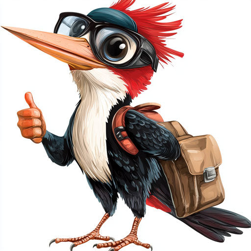 Humorous caricature of a woodpecker caricature clipart with human characteristics, exaggerated long eyelashes, long arms, carrying a bag, vibrant colors, cartoon style, thumbs up, high resolution, no background, isolated
