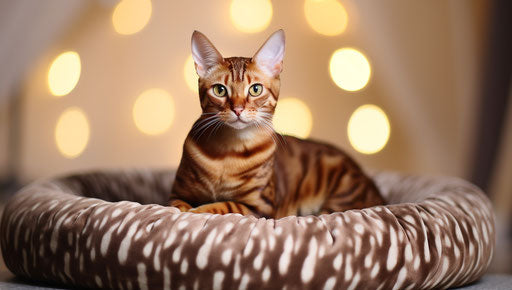 Bengal cat sitting on a bed, light maroon and light gold style