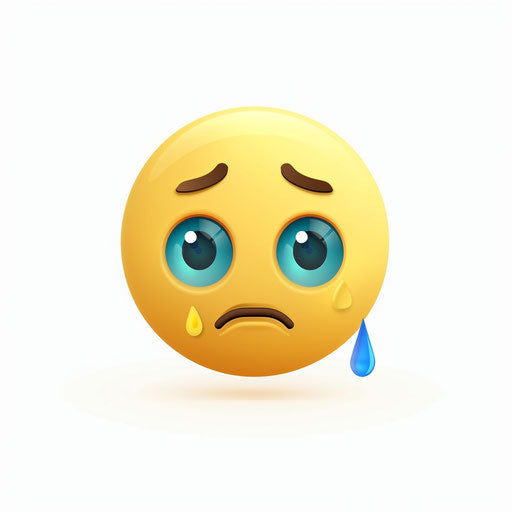 Sad face emoji with blue tear on nose white background