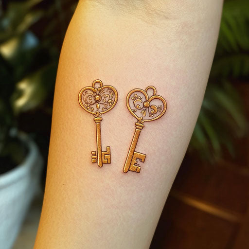 Flat tattoo sketch of cute couple with gold key and lock