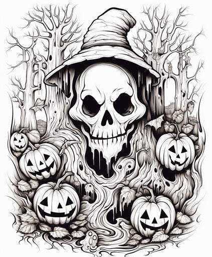 Halloween coloring page with ghost, pumpkin and spiders, in the style of Ilford Pan F, expansive 5:6