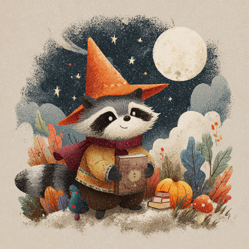 A cute raccoon wizard amidst whimsical Halloween nights