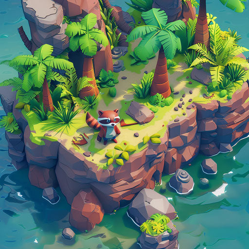 Raccoon explorer on a mysterious island full of puzzles