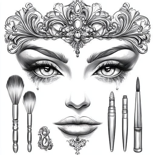 A majestic makeup set with a regal design, in the style of Mark Schultz, Coloring book page