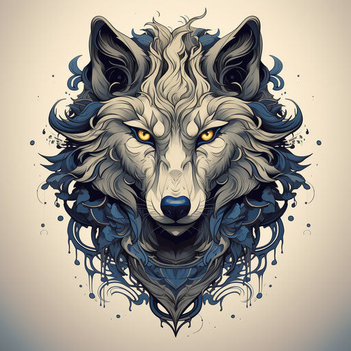 Distorted grotesque wolf on grey background in tattoo style