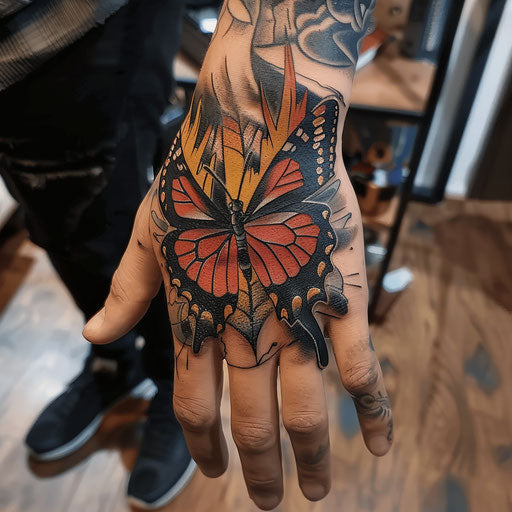 Butterfly hand tattoo with superhero themes