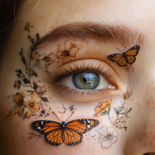 Eyebrow tattoo surrounded by delicate butterflies and floral elements