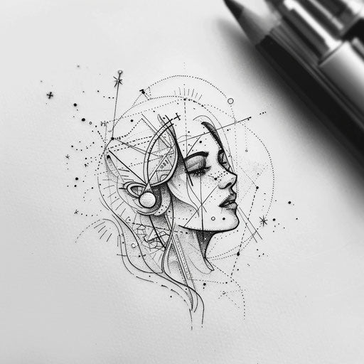 Geometric Virgo constellation tattoo with intricate patterns