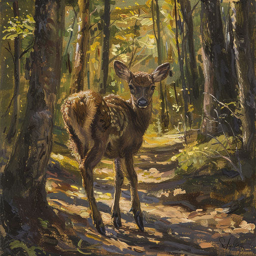 A young deer taking its first steps in a sunlit forest