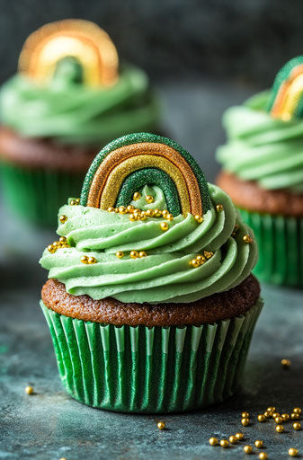 Rainbow cupcakes for St. Patrick's Day with green frosting