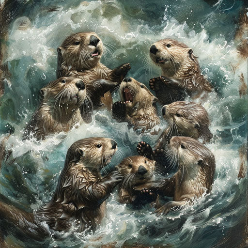 Sea otters playing in a wild and stormy sea
