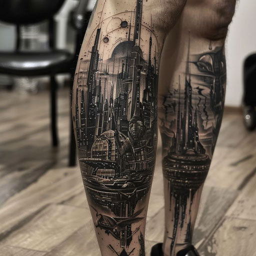Men's tattoo with futuristic cityscape, J.P. Targete style