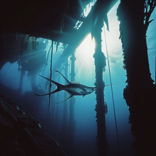 Swordfish swimming under an oil rig