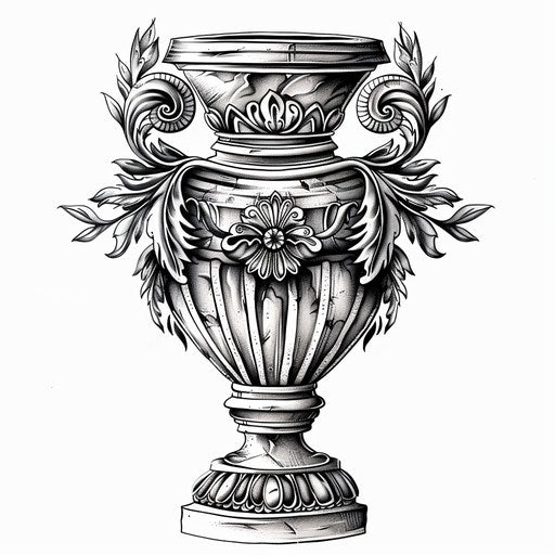 Ornamental Greek urn as detailed tattoo design on white background