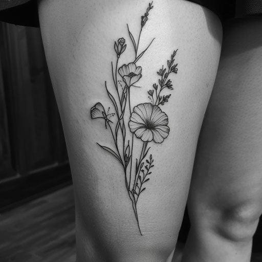 Blackwork wildflower tattoo, bold lines, negative space, stylized
