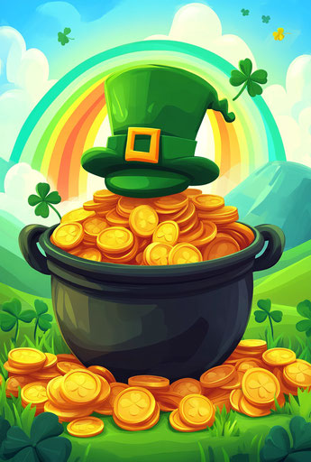 Cartoon pot of gold with rainbow and shamrocks