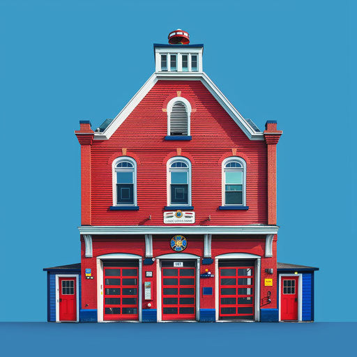 Realistic fire station clipart on royal blue background
