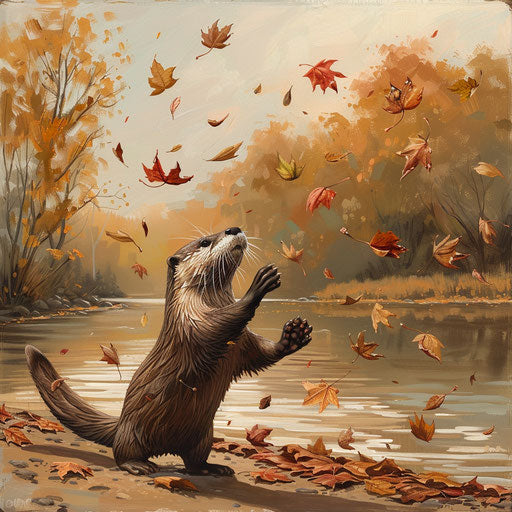 An otter's playful encounter with falling leaves