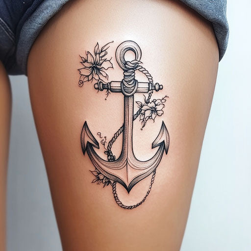 Minimalist inner thigh tattoo design with anchor and rope