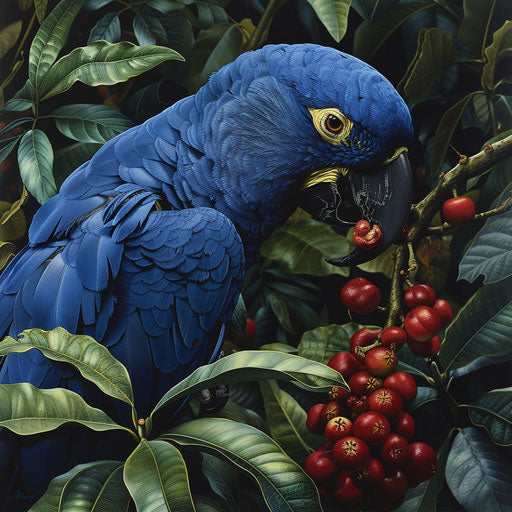 Delicate interaction of a Spix's macaw with the environment, nibbling on native fruits