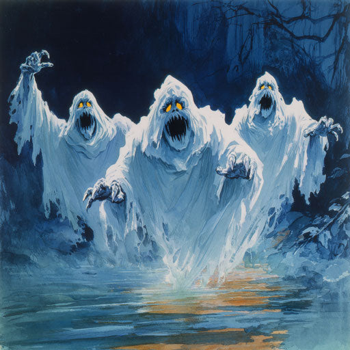 Spooky Halloween Scene with Ghostly Figures