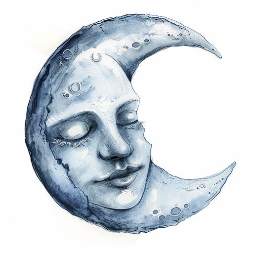 Half moon cradling sleeping face, tattoo sketch in grays and blues