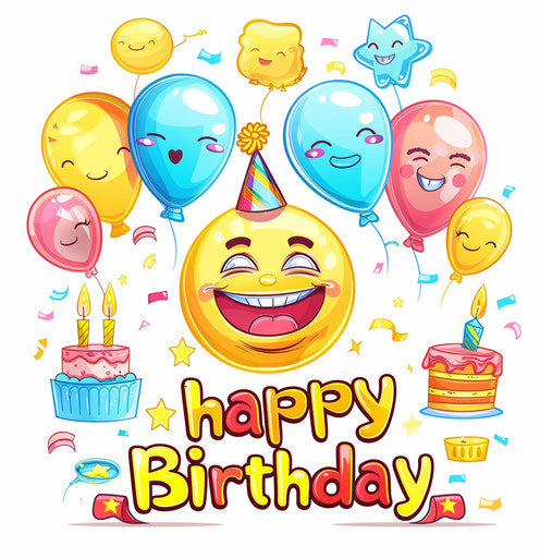 Happy birthday emoji with smiley, balloons, cake