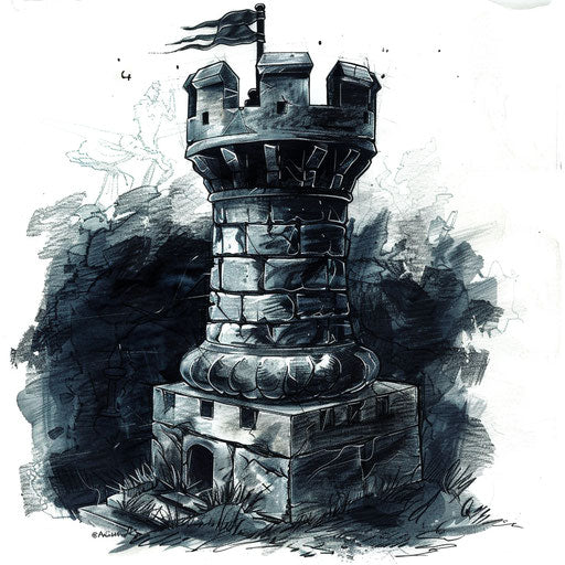 Artistic flat tattoo sketch of a medieval tower shaped like a chess rook