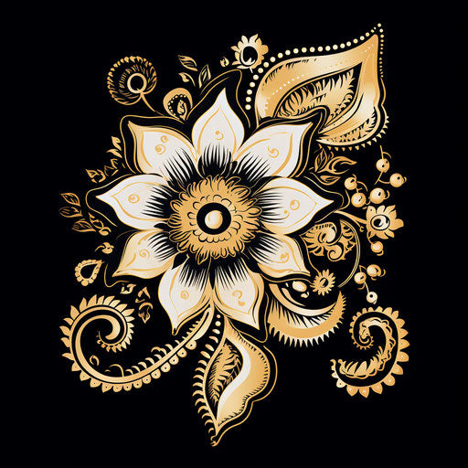 Black and white henna ornate pattern, Mughal painting style, bold outline, delicate gold detailing, Zen Buddhism influence