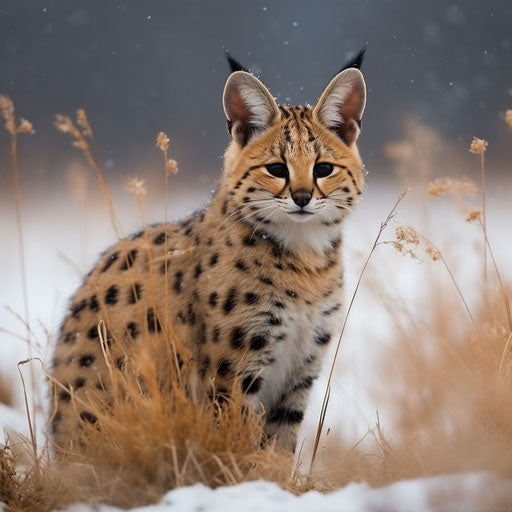 A serval cat in a field while it is snowing
