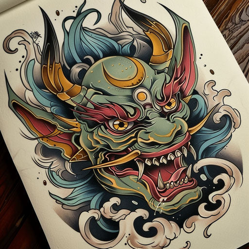 Japanese demon with fierce Oni mask