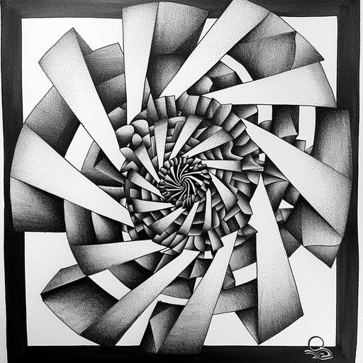 Modern flat optical illusion spiral tattoo sketch, black and white