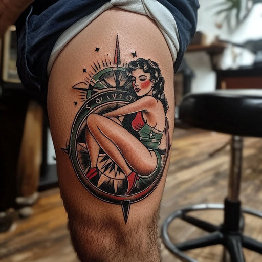 Men's knee tattoos with classic pin-up girl next to compass