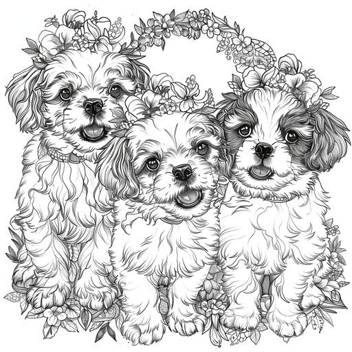 Regal puppies with floral garlands in the style of Megan Hess