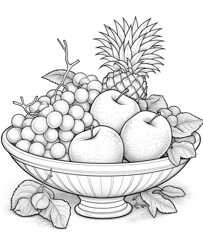 Fruit coloring page in a bowl, contrasting style