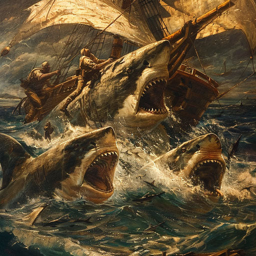 Ancient mariners with sharks hinting at ocean legends