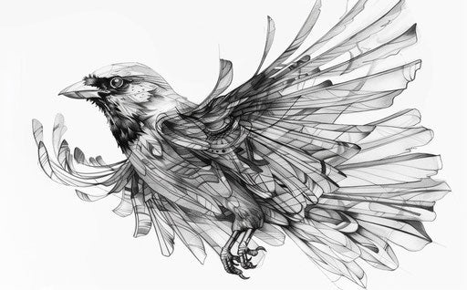 Black and white drawing of a bird, tattoo style