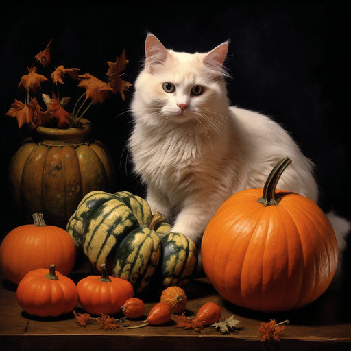 Manx cat resting with pumpkins