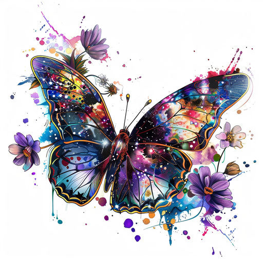 Cosmic butterfly with space flowers, mystical and colorful tattoo design on bright white canvas.